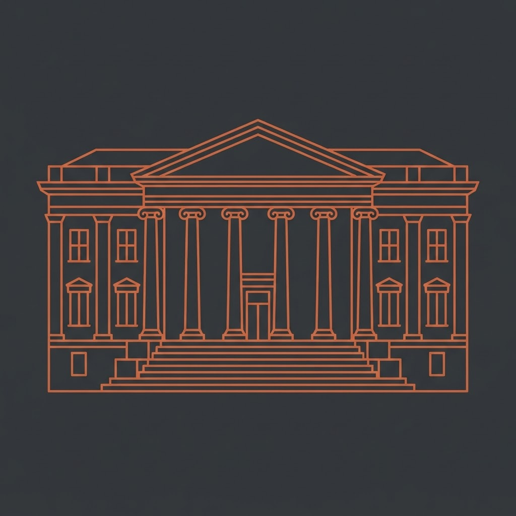 Ilustração de uma fachada institucional em estilo minimalista